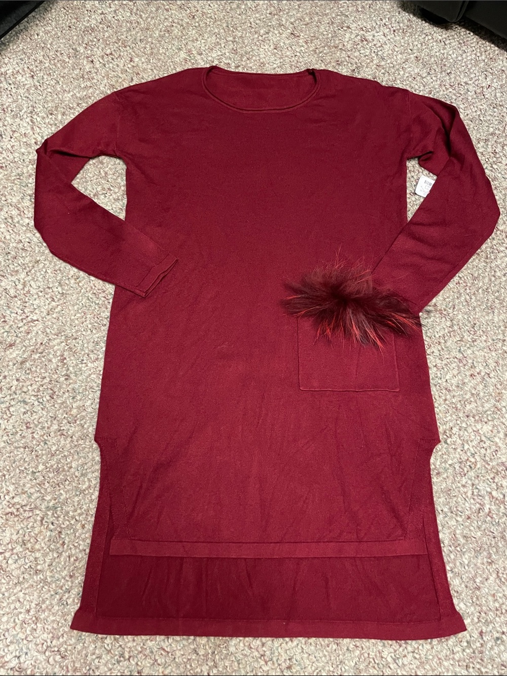 Wine Long Sleeve Sweater Dress with real Fur open Pocket Accent - nwt